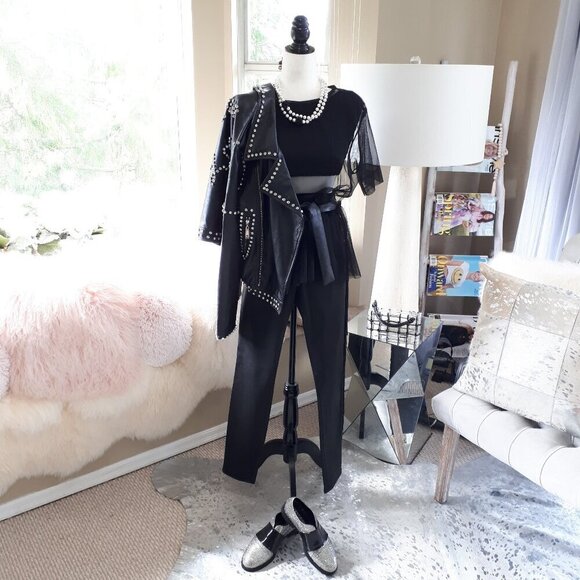 EUC Zara black mesh-like tulle sheer t-shirt top w/ ruffle hem, M - Picture 1 of 11